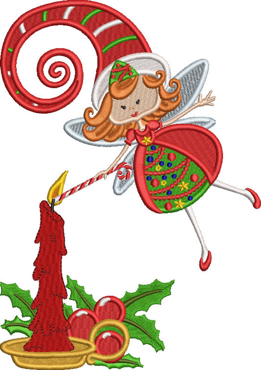 Fairy Lighting The Candle Christmas Filled Machine Embroidery Design Digitized Pattern