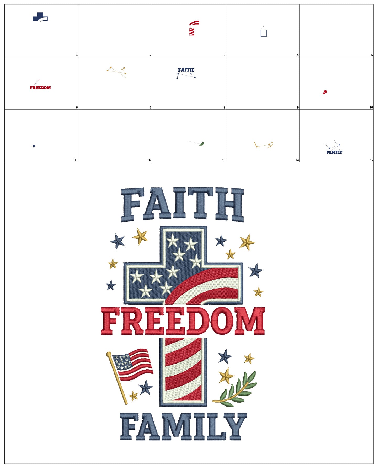 Faith Freedom Family Cross With American Flag Patriotic Independence Day 4th of July Filled Machine Embroidery Design Digitized Pattern