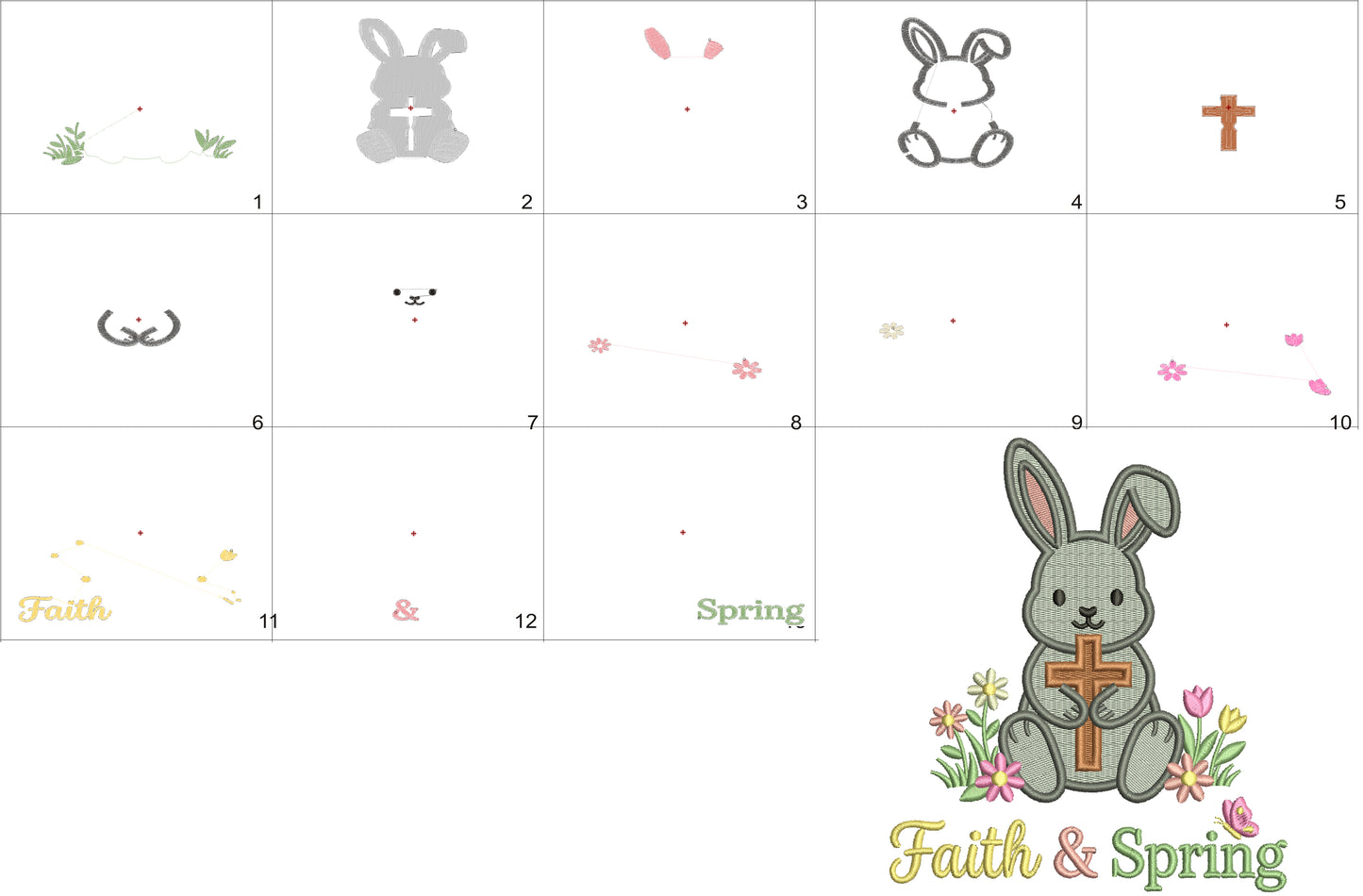 Faith and Spring Easter Bunny Holding a Cross Filled Machine Embroidery Design Digitized Pattern