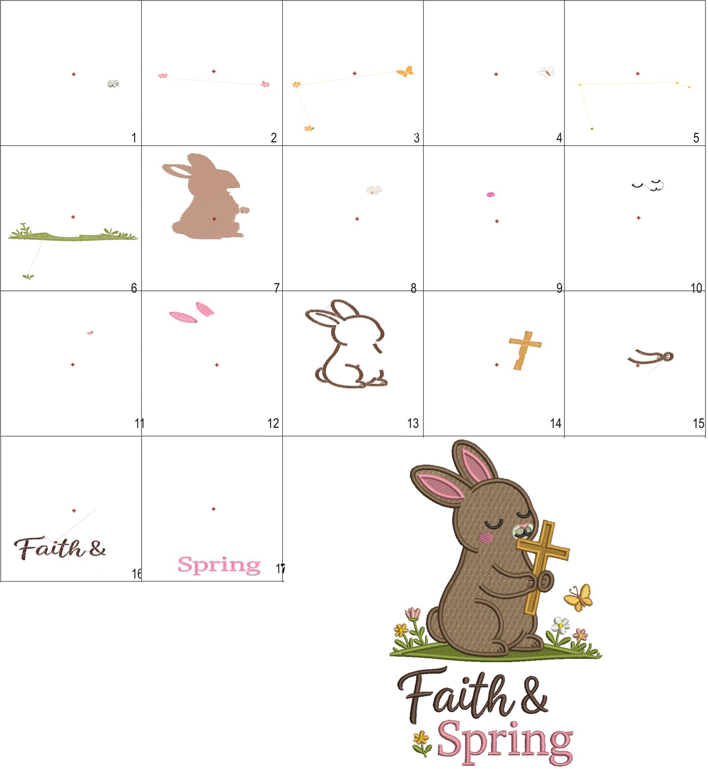 Faith and Spring Easter Bunny Holding Cross Filled Machine Embroidery Design Digitized Pattern