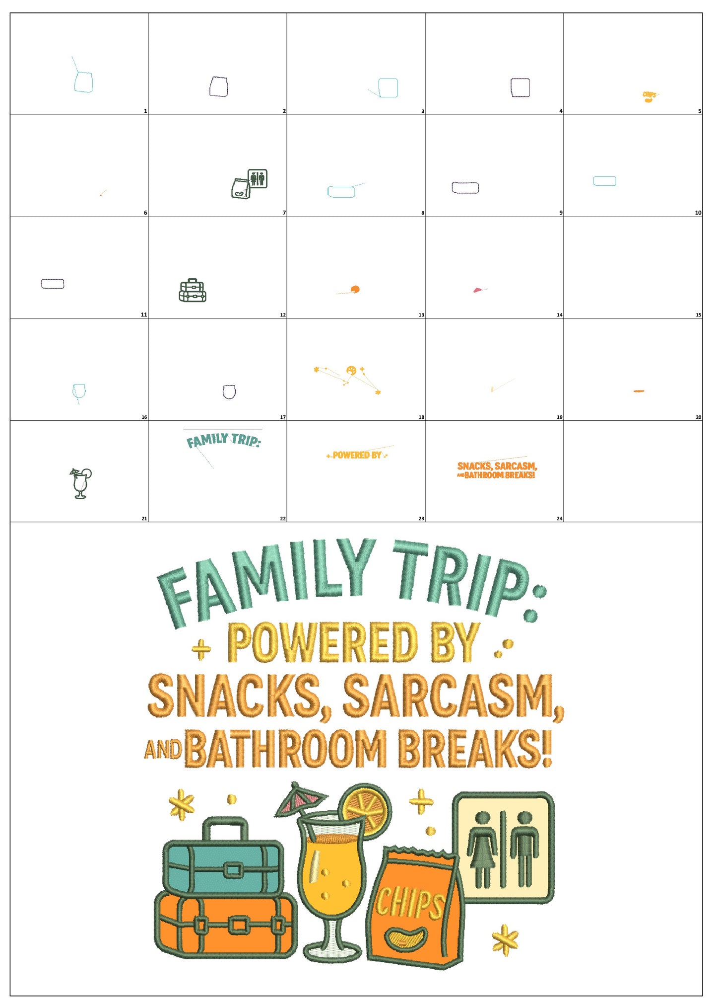 ๐๐จ Family Trip Powered By Snacks, Sarcasm, and Bathroom Breaks Camping Applique Machine Embroidery Design Digitized Pattern
