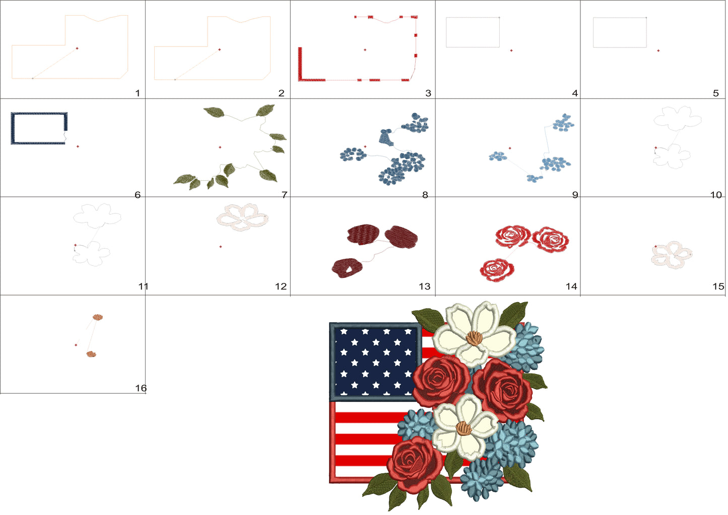 American Flag With Flowers Patriotic Independence Day 4th of July Applique Machine Embroidery Design Digitized Pattern