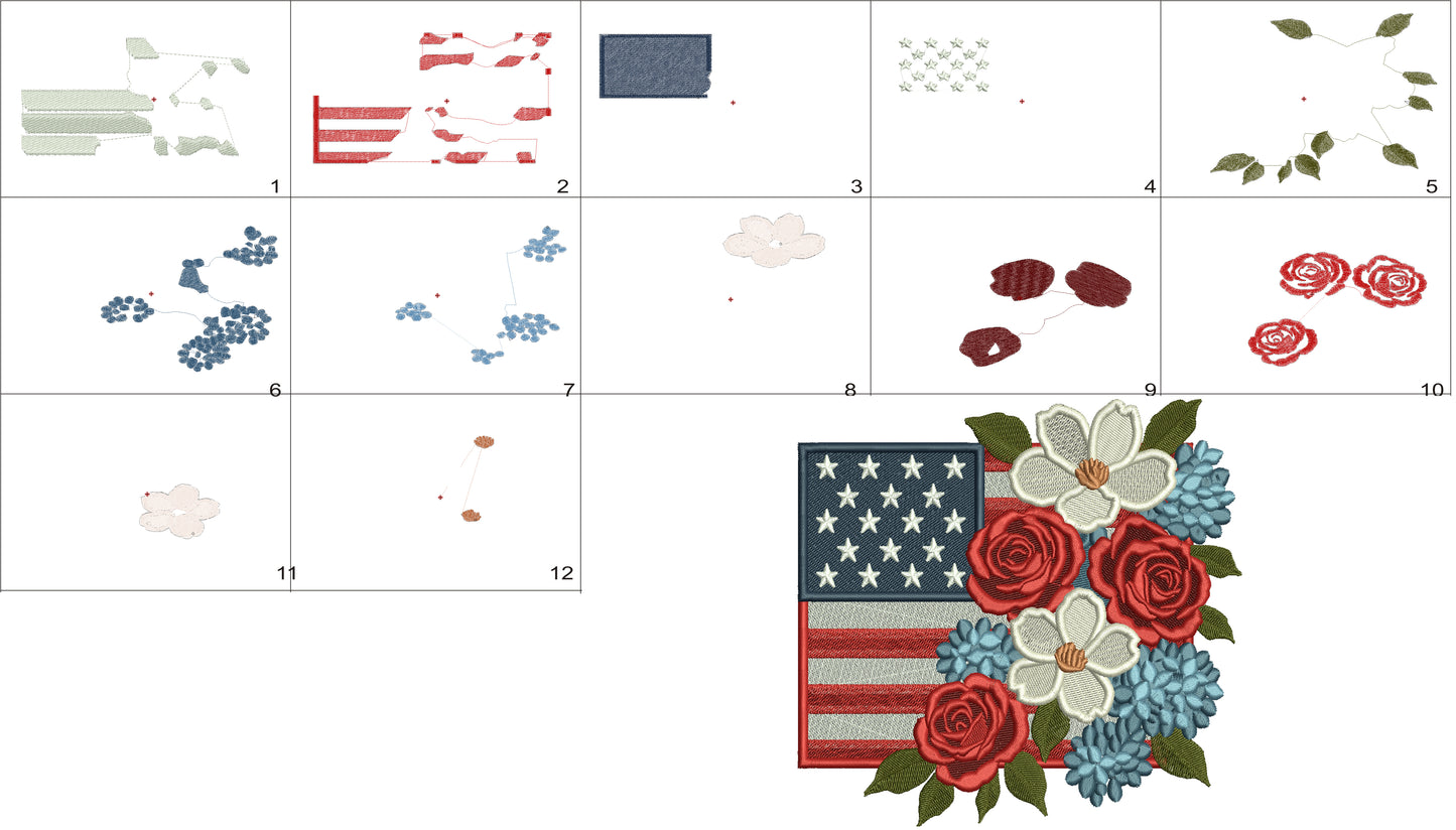 American Flag With Flowers Patriotic Independence Day 4th of July Filled Machine Embroidery Design Digitized Pattern