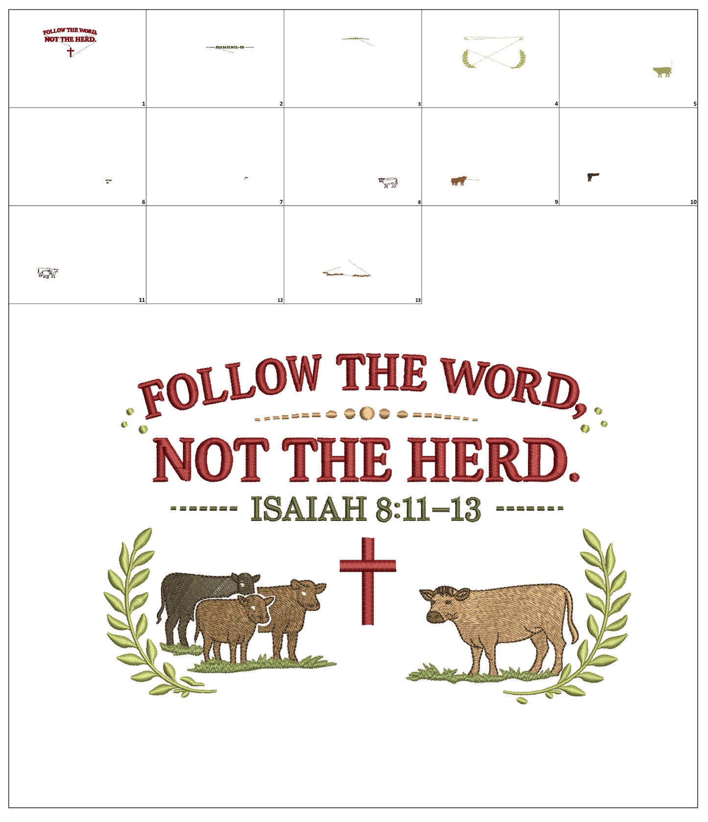 Follow the Word, Not the Herd Cows and Cross Isaiah 8:11-13 Machine Embroidery Design Christian Bible Verse Filled Pattern