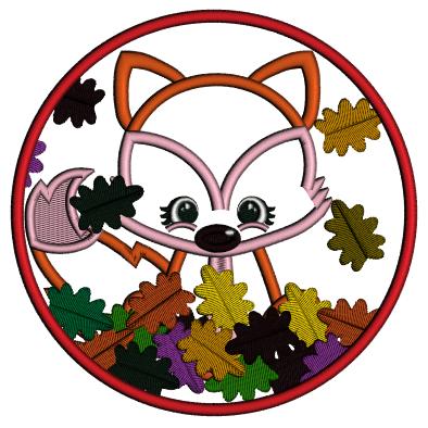 Fox In The Circle With Fall Leaves Applique Machine Embroidery Design Digitized Pattern
