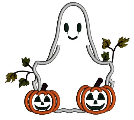 Ghost With Two Pumpkins Halloween Applique Machine Embroidery Design Digitized Pattern