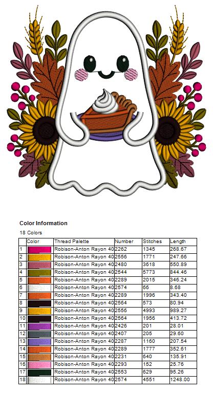 Ghost with Flowers and Pumpkin Pie Halloween Applique Machine Embroidery Design Digitized Pattern