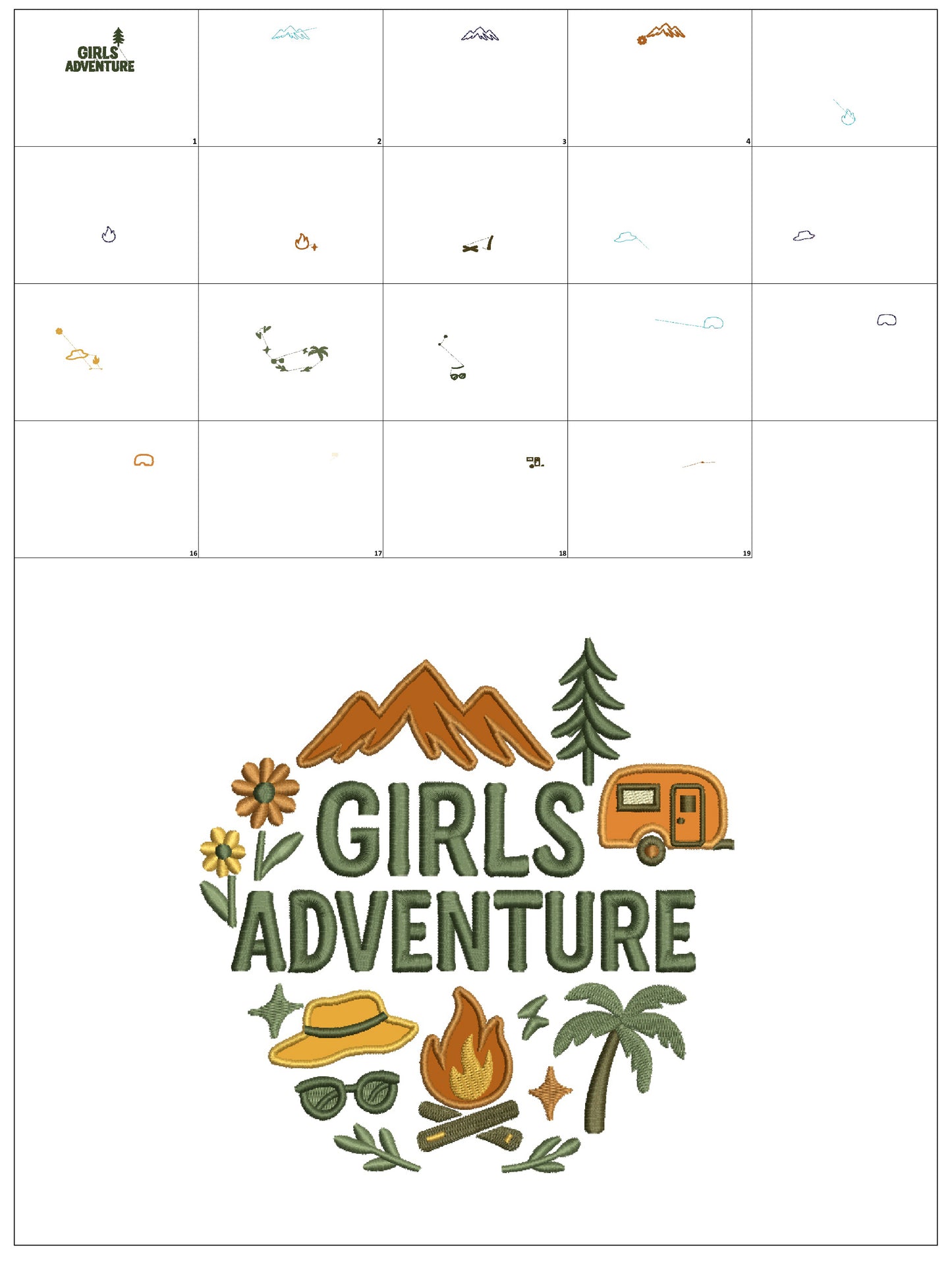 Girls Adventure Camping Applique Machine Embroidery Design – Cute Camping Adventure Applique Pattern