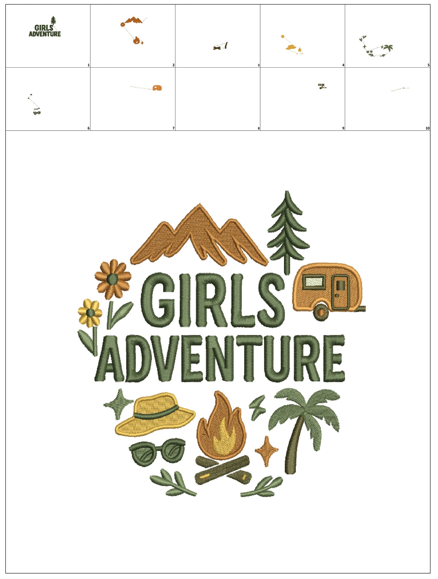 Girls Adventure Camping Machine Embroidery Design – Cute Outdoor Camping Filled Stitch Pattern