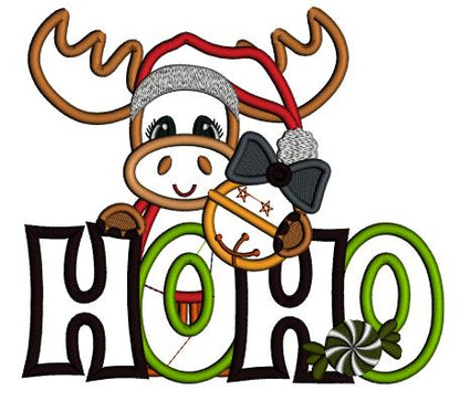 HOHO Reindeer Holding Christmas Ornament Applique Machine Embroidery Design Digitized Pattern