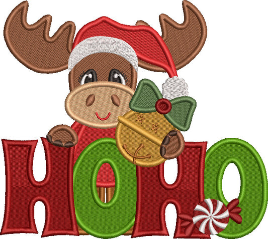 HOHO Reindeer Holding Christmas Ornament Filled Machine Embroidery Design Digitized Pattern