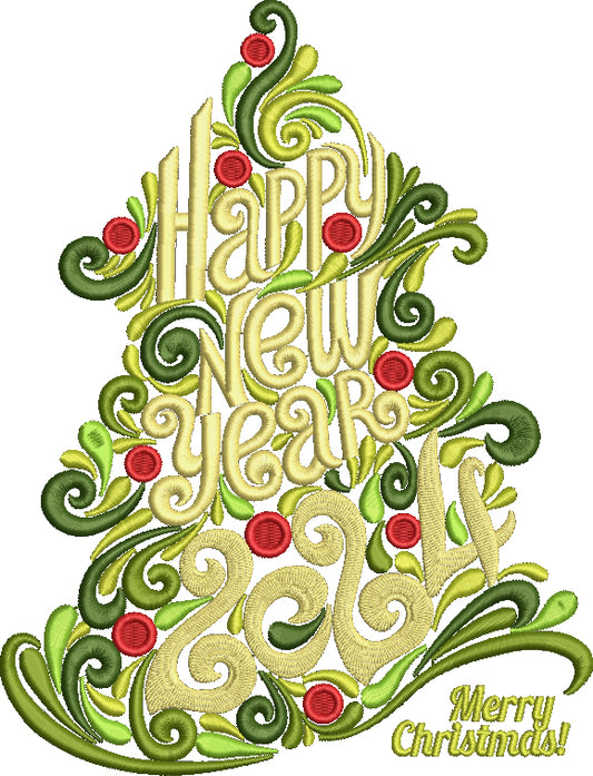 Happy New Year 2024 Merry Christmas Tree Filled Machine Embroidery Design Digitized Pattern