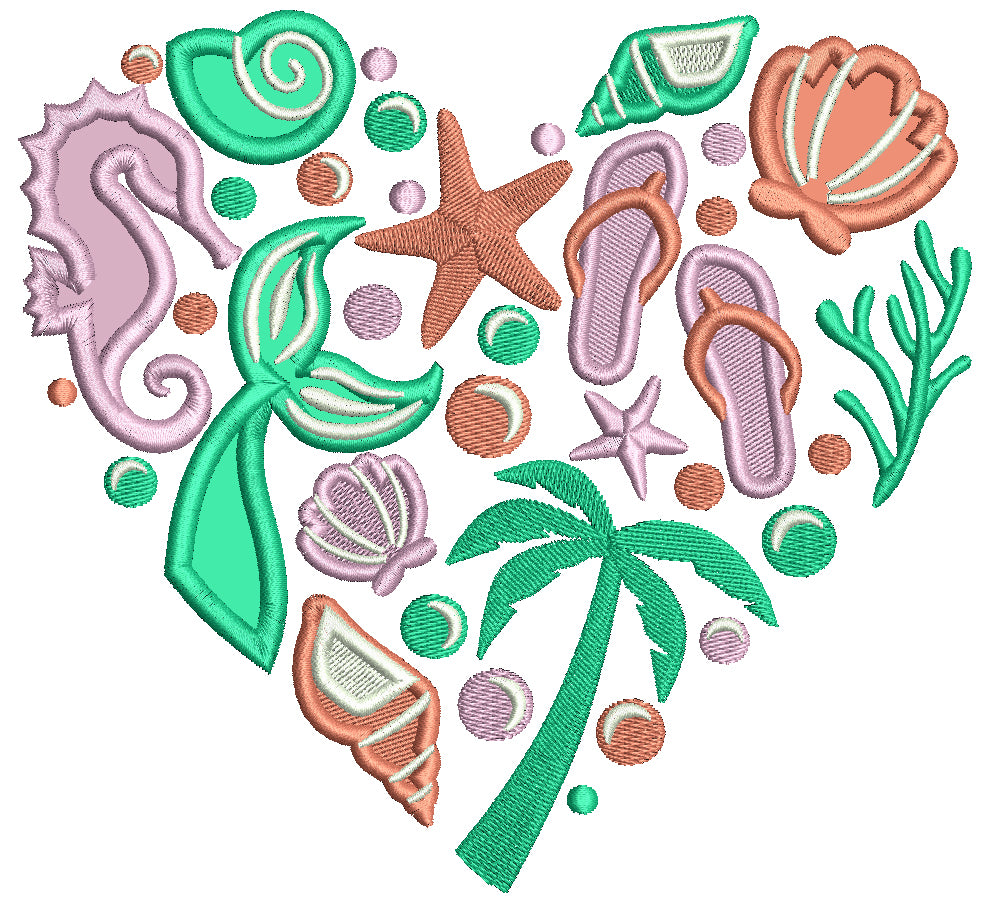 Heart WIth Shells And Palm Tree Summer Applique Machine Embroidery Design Digitized Pattern