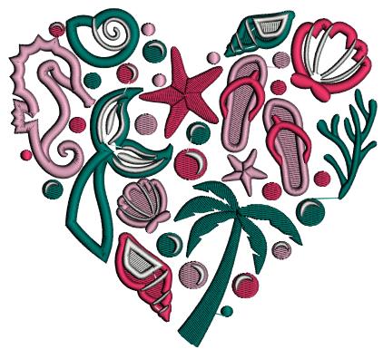 Heart WIth Shells And Palm Tree Summer Applique Machine Embroidery Design Digitized Pattern