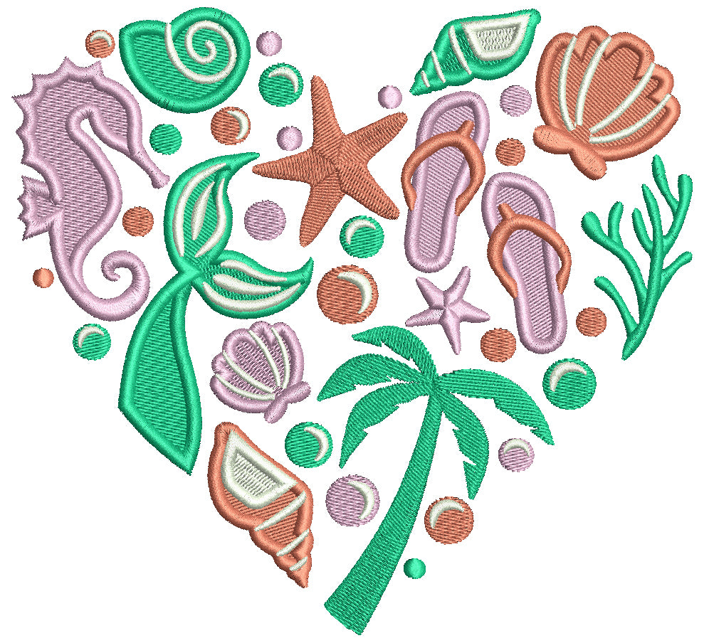 Heart WIth Shells And Palm Tree Summer Filled Machine Embroidery Design Digitized Pattern