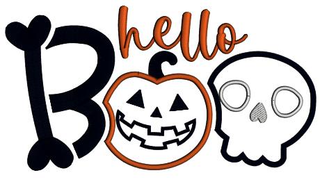 Hello Boo Skull And Pumpkin Halloween Applique Machine Embroidery Design Digitized Pattern