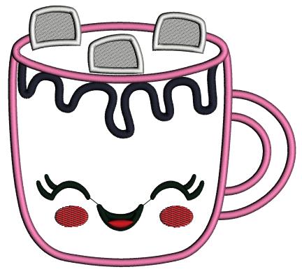 Hot Chocolate Smiling Cup Valentine's Day Applique Filled Machine Embroidery Design Digitized Pattern