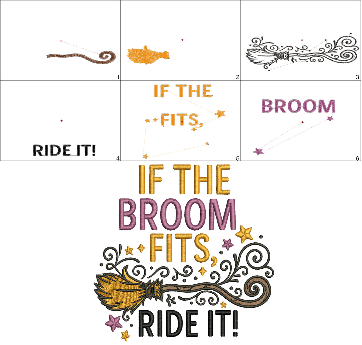 Witch's Broom Halloween Machine Embroidery Design. If The Broom Fits Ride It - Filled Pattern