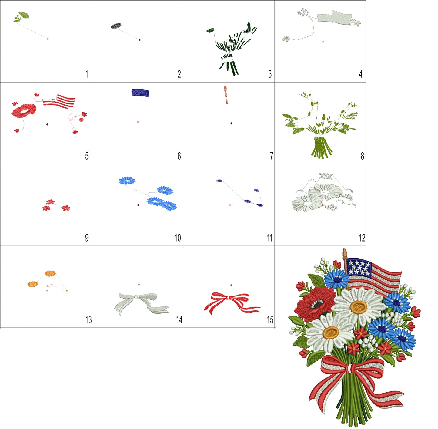 Flowers with American Flag and Bow Patriotic Filled Machine Embroidery Design Digitized Pattern