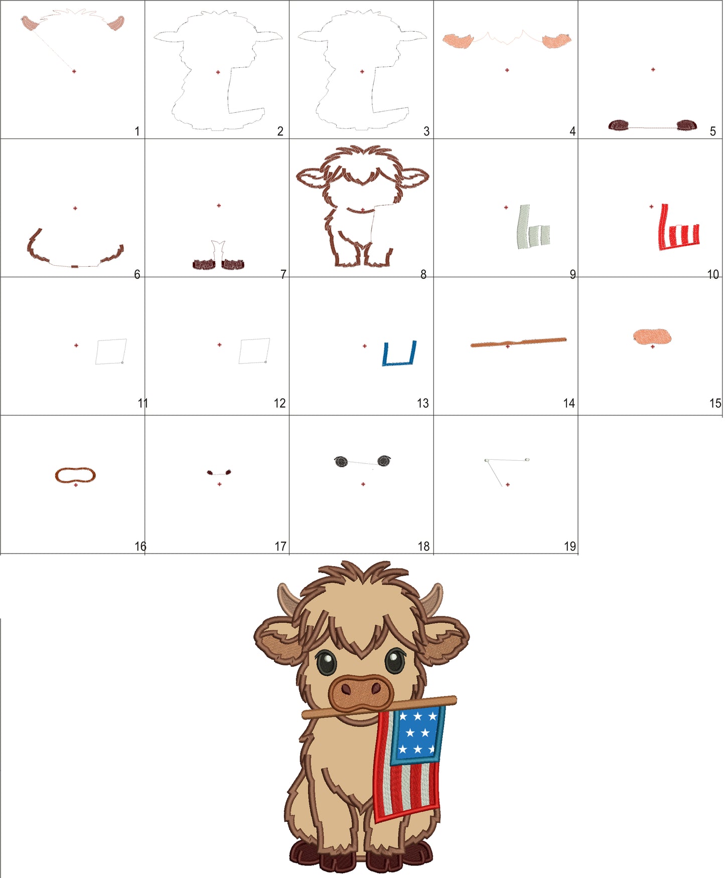 Highland Cow With American Flag Patriotic 4th Of July Independence Day Applique Machine Embroidery Design Digitized Pattern