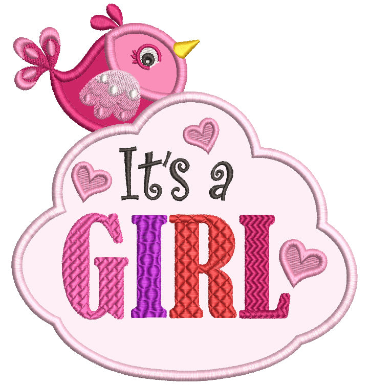 It's a Girl Little Bird Baby Applique Machine Embroidery Design Digitized Pattern