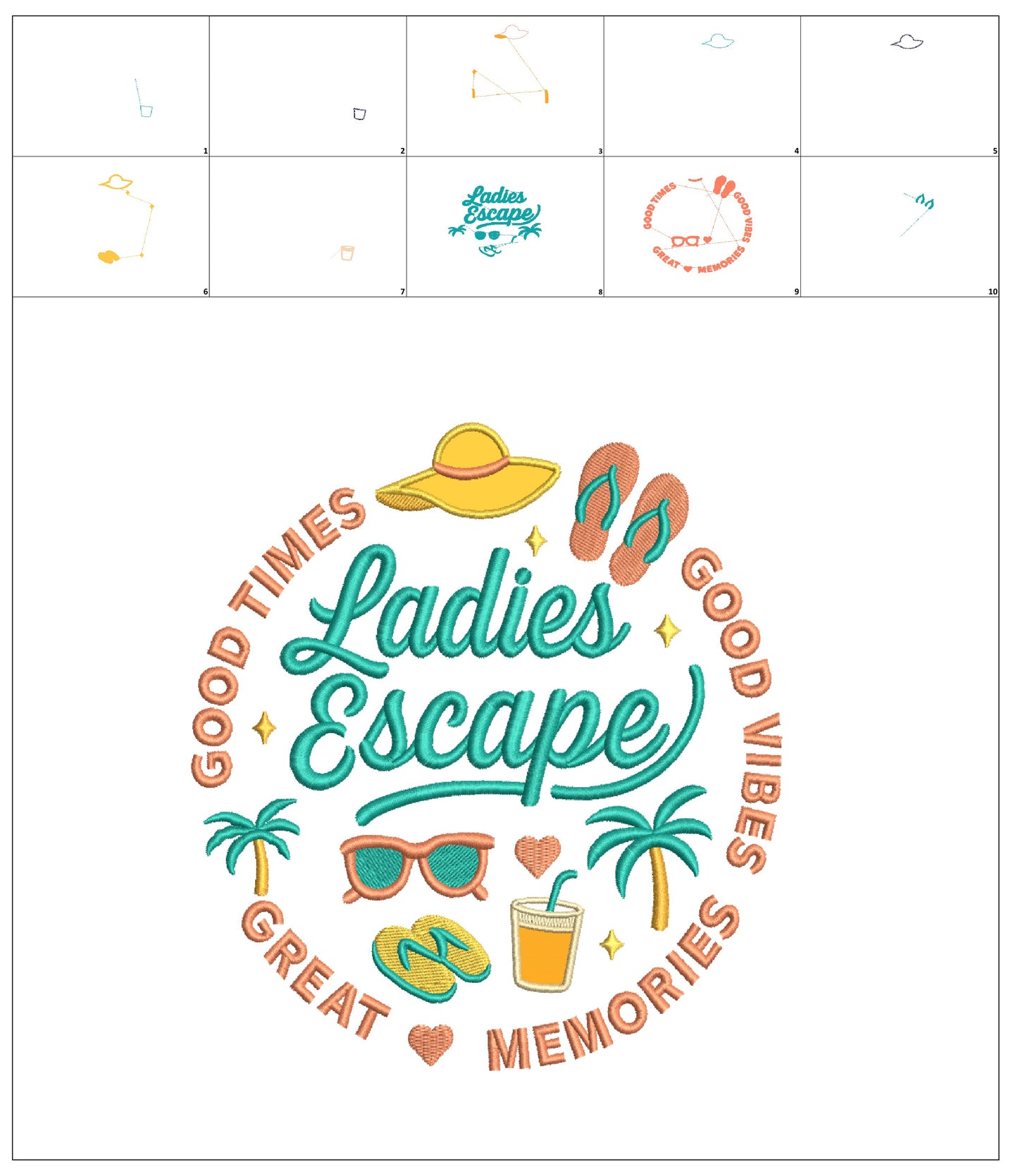 👯♀️🕶️🌴 Ladies Escape Good Times Good Vibes Great Memories Flip Flops and Sunglasses Vacation Applique Machine Embroidery Design Digitized Pattern