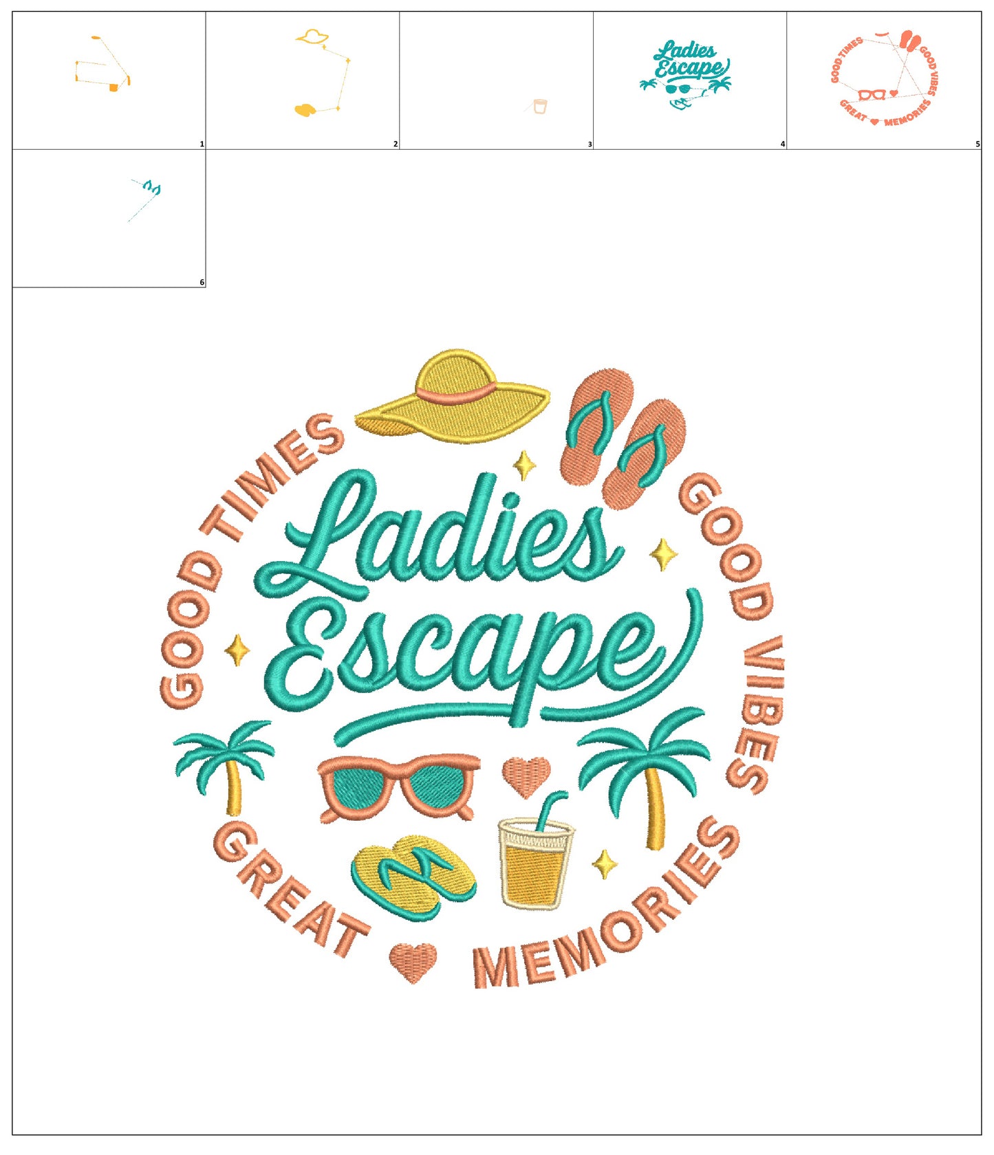 ๐ฏโโ๏ธ๐ถ๏ธ๐ดLadies Escape Good Times Good Vibes Great Memories Flip Flops and Sunglasses Vacation Filled Machine Embroidery Design Digitized Pattern