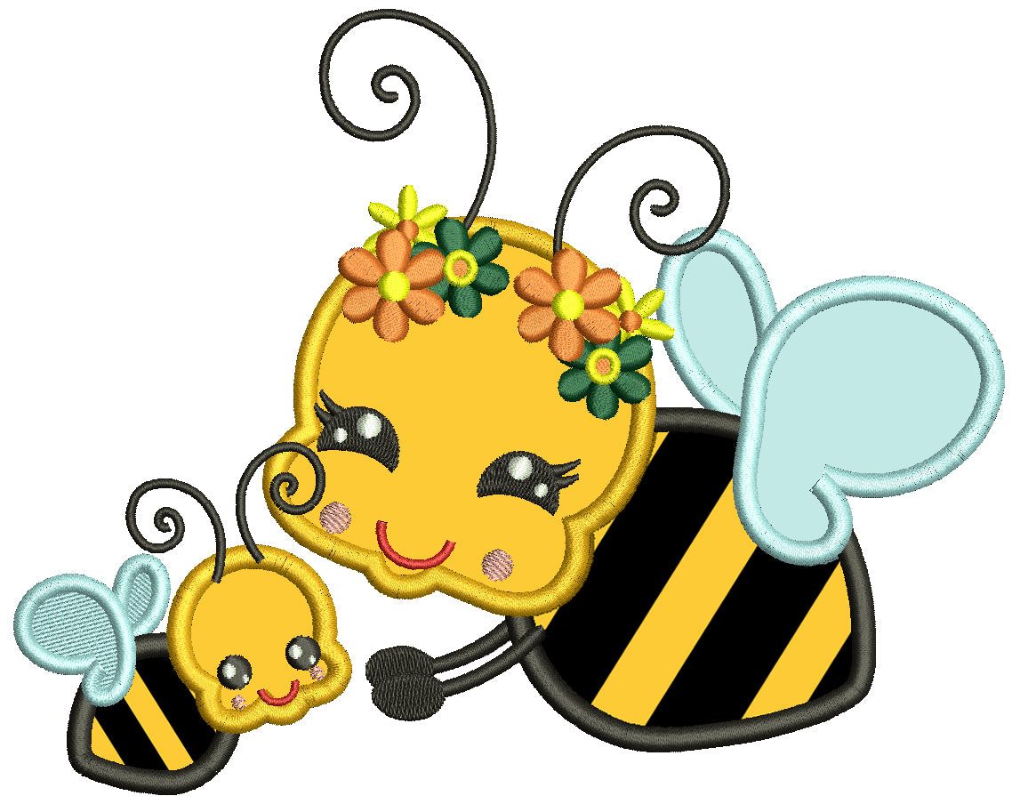 Mother And Baby Bees Summer Applique Machine Embroidery Design Digitized Pattern