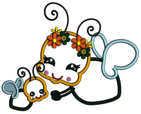 Mother And Baby Bees Summer Applique Machine Embroidery Design Digitized Pattern