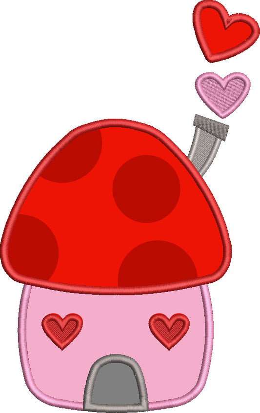 Mushroom House With Hearts Valentine's Day Applique Filled Machine Embroidery Design Digitized Pattern