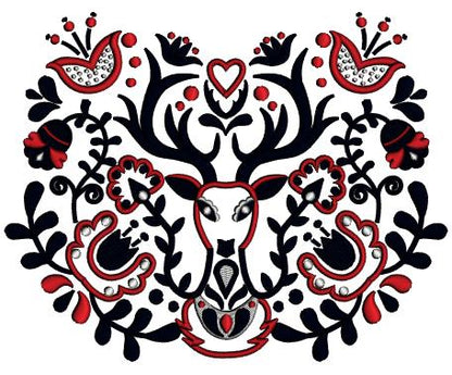 Ornate Deer With Flowers And Heart Valentine's Day Love Applique Machine Embroidery Design Digitized Pattern