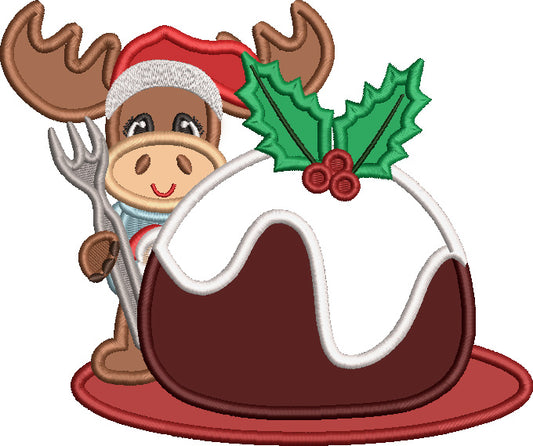Reindeer Holding a Fork And Eating a Cake Christmas Applique Machine Embroidery Design Digitized Pattern