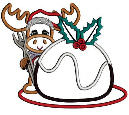 Reindeer Holding a Fork And Eating a Cake Christmas Applique Machine Embroidery Design Digitized Pattern