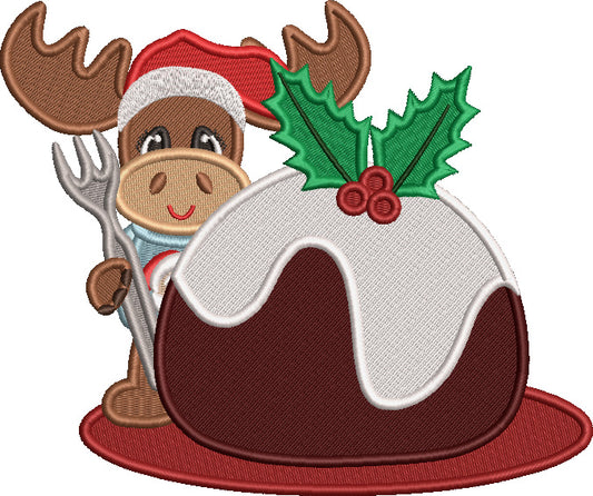 Reindeer Holding a Fork And Eating a Cake Christmas Filled Machine Embroidery Design Digitized Pattern