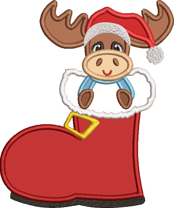 Reindeer Sitting Inside a Santa's Boot Christmas Applique Machine Embroidery Design Digitized Pattern