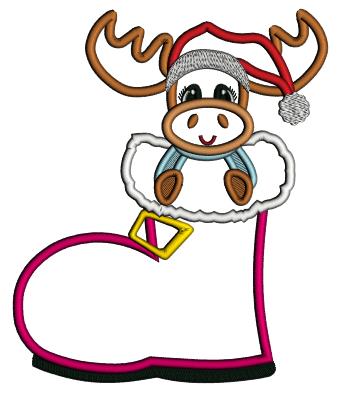 Reindeer Sitting Inside a Santa's Boot Christmas Applique Machine Embroidery Design Digitized Pattern