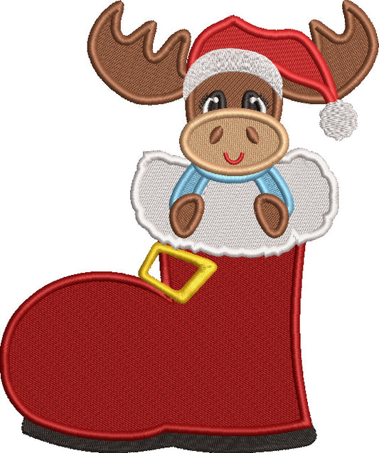 Reindeer Sitting Inside a Santa's Boot Christmas Filled Machine Embroidery Design Digitized Pattern