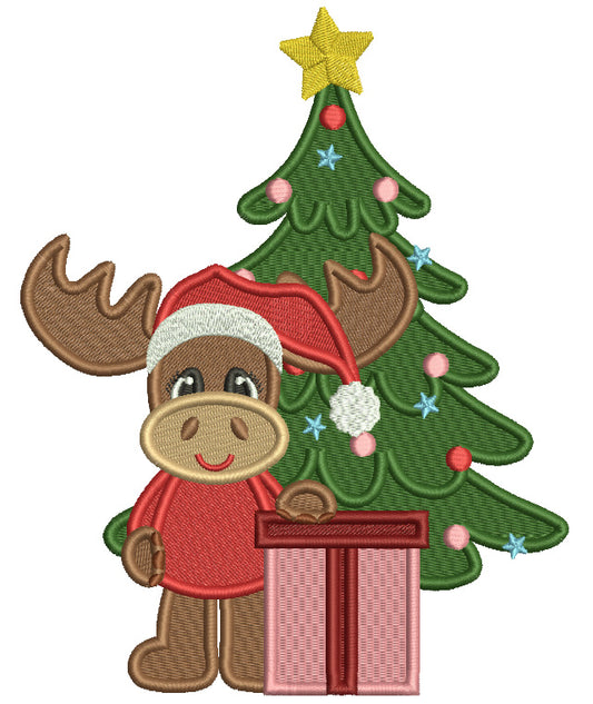Reindeer With a Big Present Standing Next To Christmas Tree Filled Machine Embroidery Design Digitized Pattern