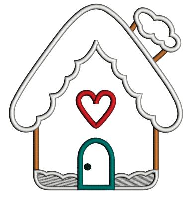 Snow Covered House With Heart Valentine's Day Love Applique Machine Embroidery Design Digitized Pattern
