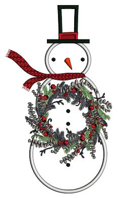 Snowman Holding Christmas Wreath Applique Machine Embroidery Design Digitized Pattern