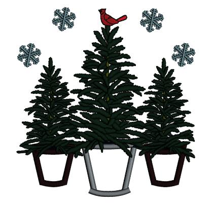 Three Christmas Trees Snow Flakes And Red Robin Applique Machine Embroidery Design Digitized Pattern
