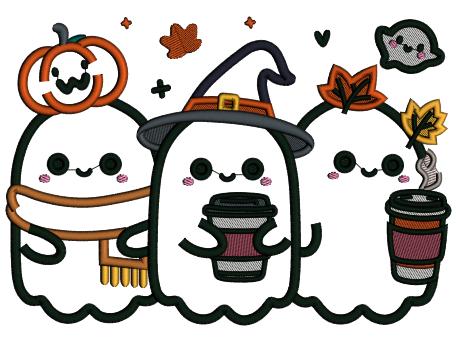Three Cute Ghosts Halloween Applique Machine Embroidery Design Digitized Pattern