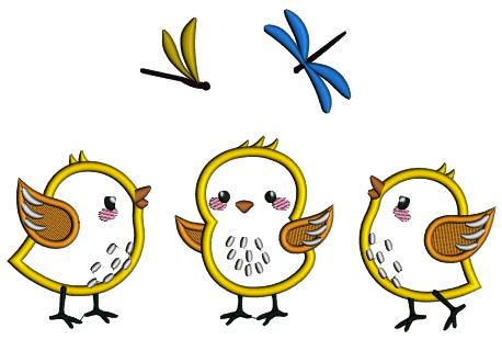 Three Little Chicks And Dragonflies Easter Applique Machine Embroidery Design Digitized Pattern