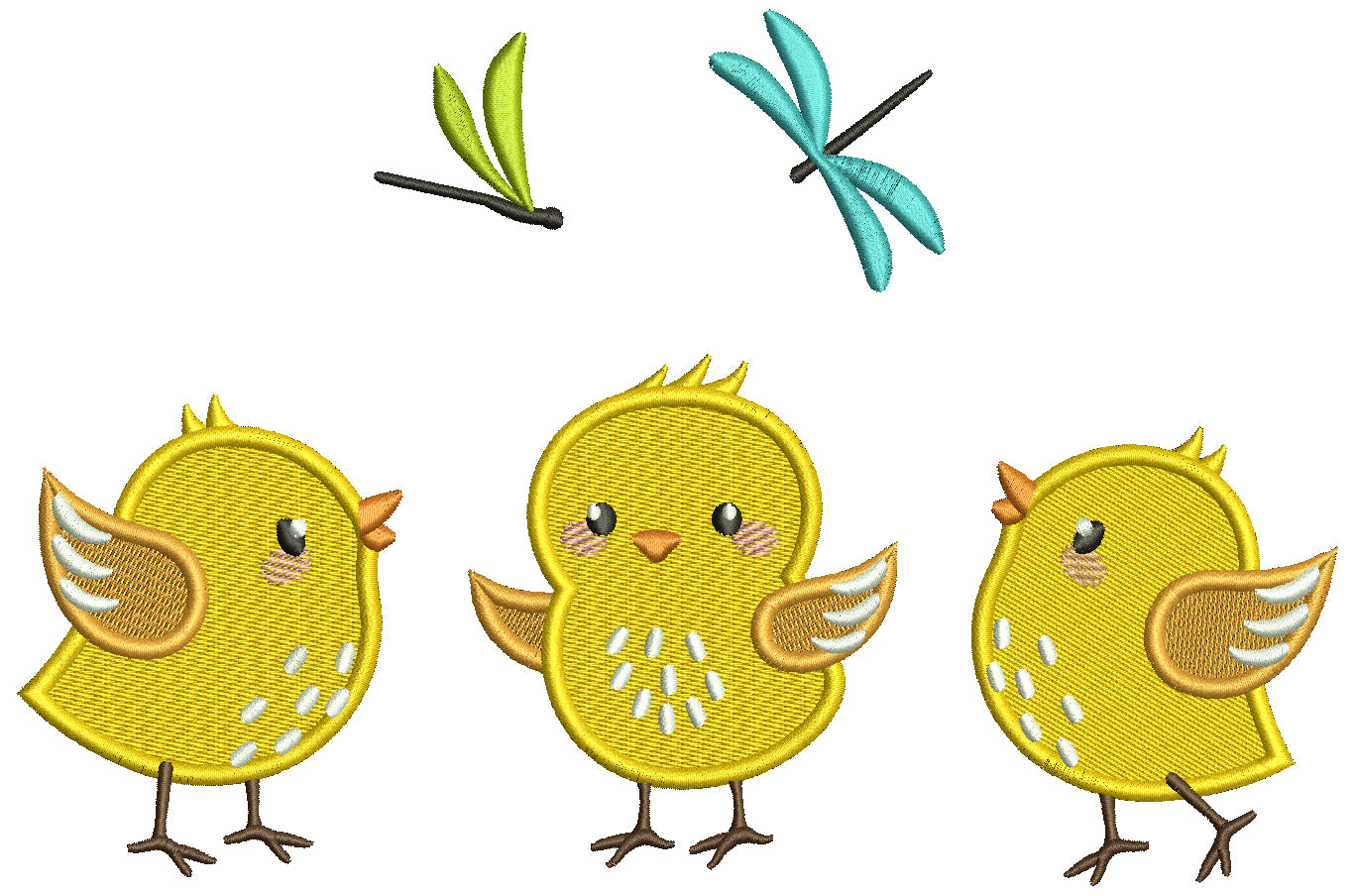 Three Little Chicks And Dragonflies Easter Filled Machine Embroidery Design Digitized Pattern