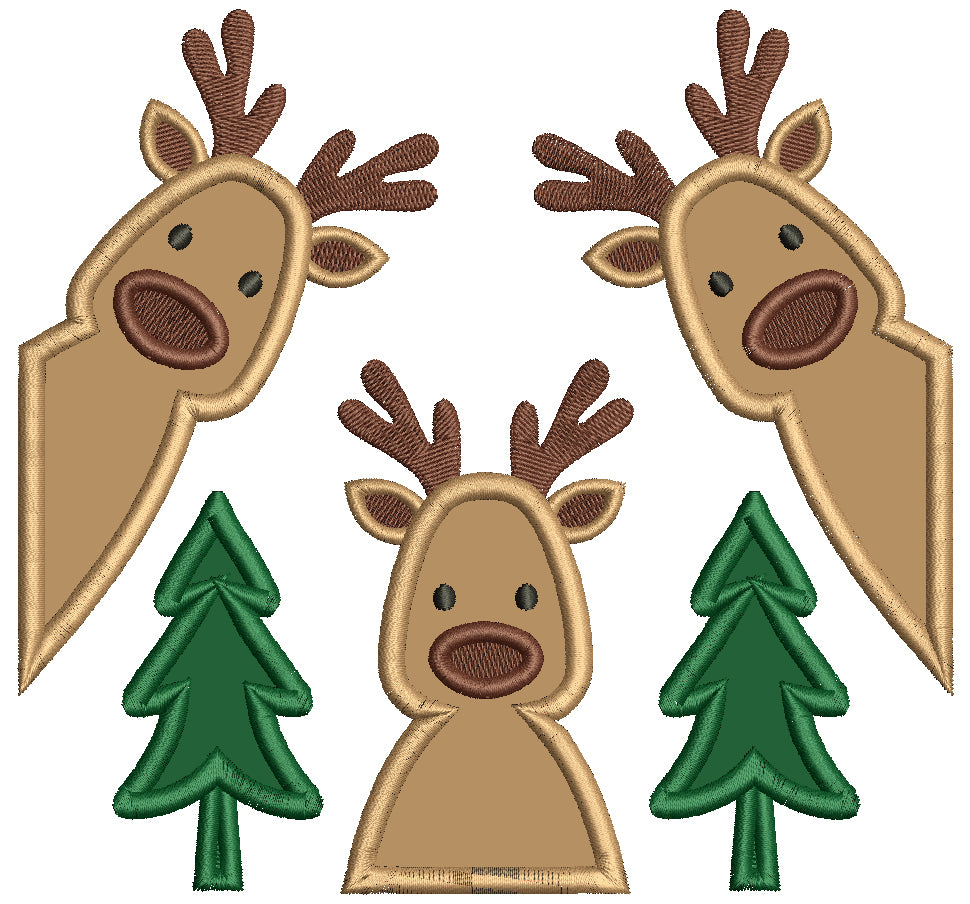 Three Reindeer and Christmas Trees Applique Machine Embroidery Design Digitized Pattern