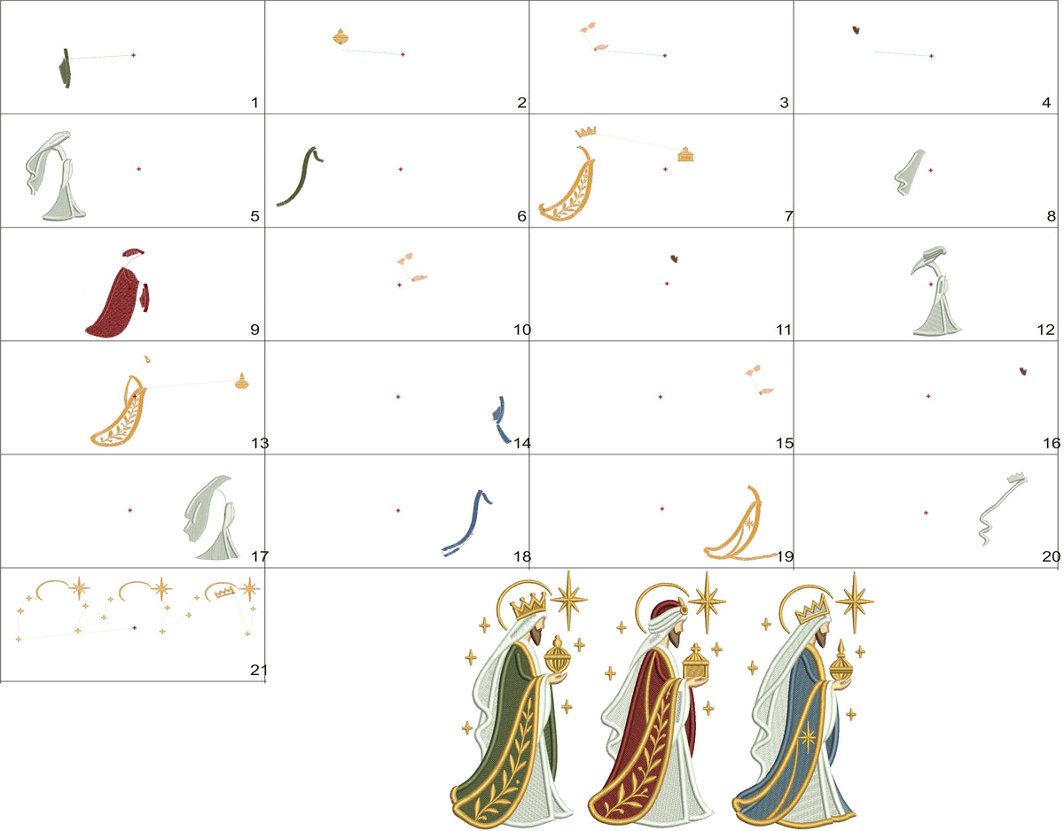 Three Wise Men Nativity Scene Machine Embroidery Design - Filled Pattern