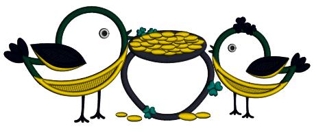Two Birds WIth a Pot Of Gold St. Patrick's Day Applique Machine Embroidery Design Digitized Pattern
