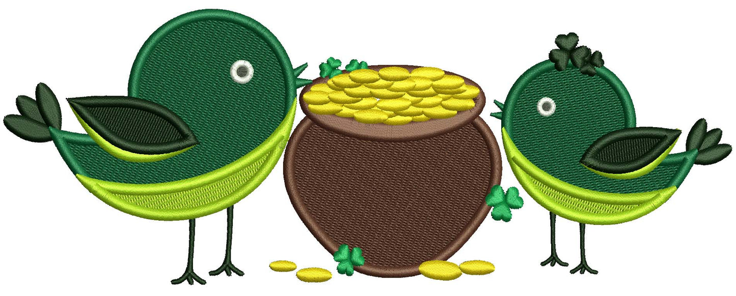 Two Birds WIth a Pot Of Gold St. Patrick's Day Filled Machine Embroidery Design Digitized Pattern