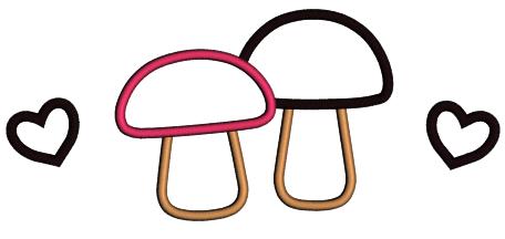 Two Mushroom And Heart Valentine's Day Love Applique Machine Embroidery Design Digitized Pattern
