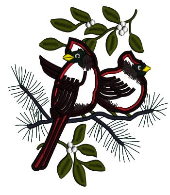 Two Red Cardinals Sitting On a Branch Christmas Applique Machine Embroidery Design Digitized Pattern